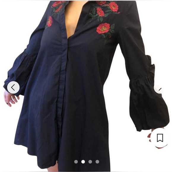 Zara floral embroidery dark blue tunic mini dress, S, statement ballon sleeves - Picture 5 of 9